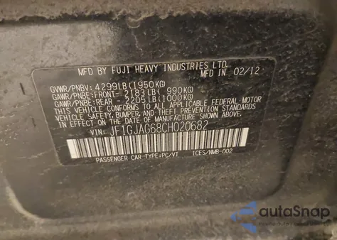 2012 Subaru Impreza 2.0I Limited z USA, uszkodzony, nr VIN JF1GJAG68CH020682